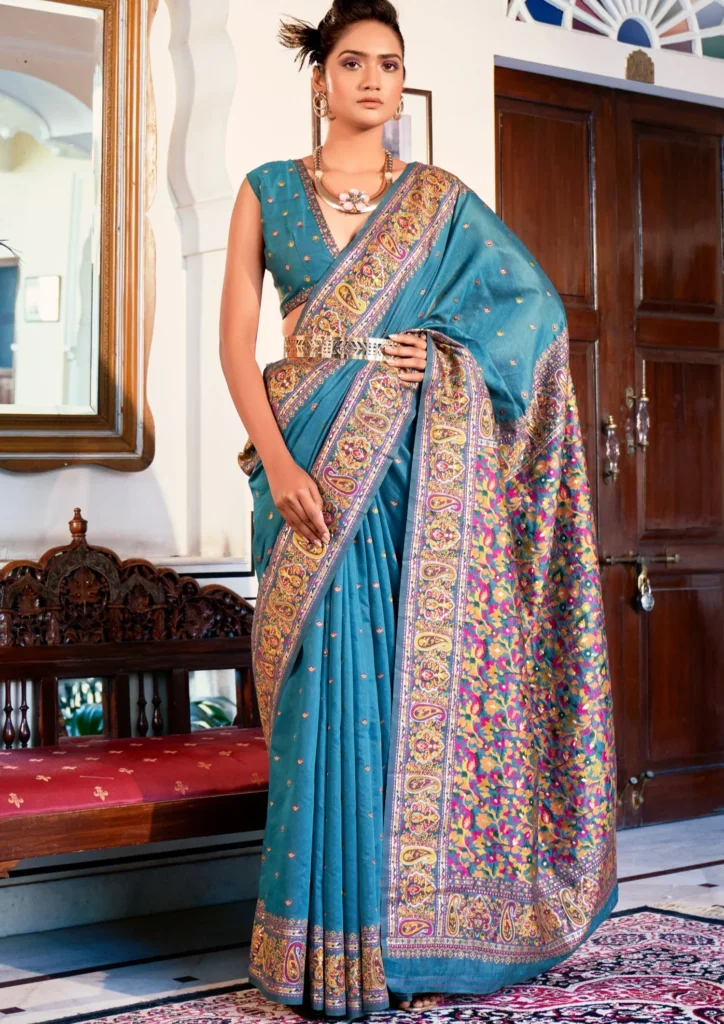 pure-kashmiri-pashmina-silk-embroidered-blue-handloom-saree-2_1500x saree belt look
