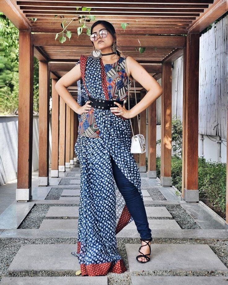 saree x jeans fusion drape
