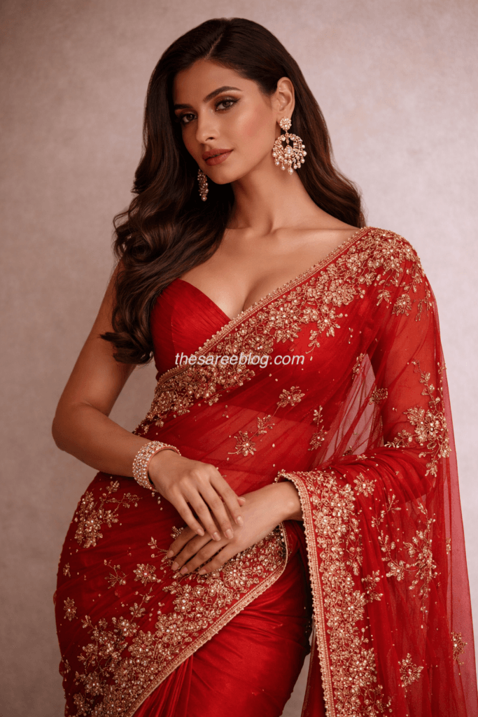 red saree look 