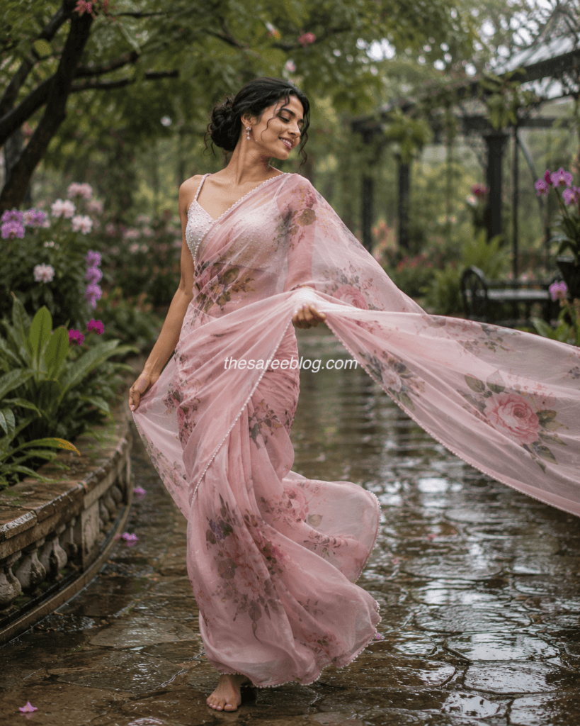 Woman twirling barefoot in a powder pink floral chiffon saree with a pearl blouse on a rain-kissed botanical garden pathway during the monsoon.
