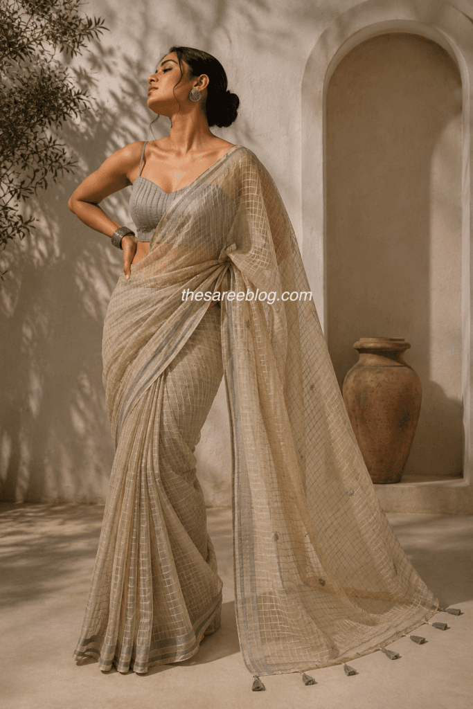Kota Doria saree in a soft sage green shade styled with a matching sleeveless blouse and silver jewellery for an elegant contemporary look.