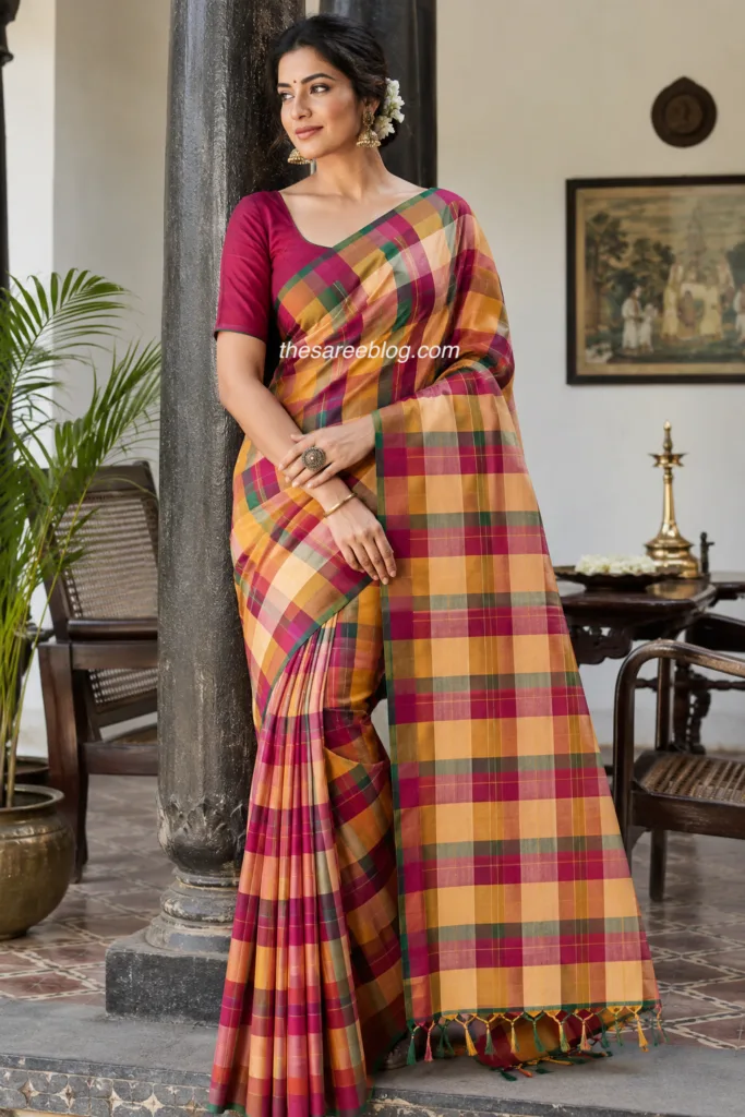 Woman wearing a traditional Madras Check cotton saree in vibrant mustard, magenta, and green plaid, paired with a magenta blouse, gold jhumkas, and jasmine flowers, standing in a heritage South Indian courtyard.