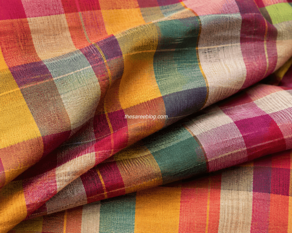 Close-up of authentic Madras Checks cotton fabric showcasing colourful yarn-dyed plaid patterns and the fine texture of traditional handloom weaving.