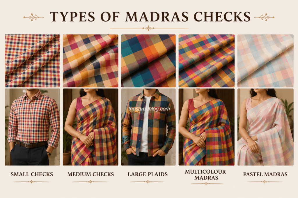 Comparison of different types of Madras Checks fabrics, including small checks, medium checks, large plaids, multicolour Madras, and pastel Madras with matching apparel examples.
