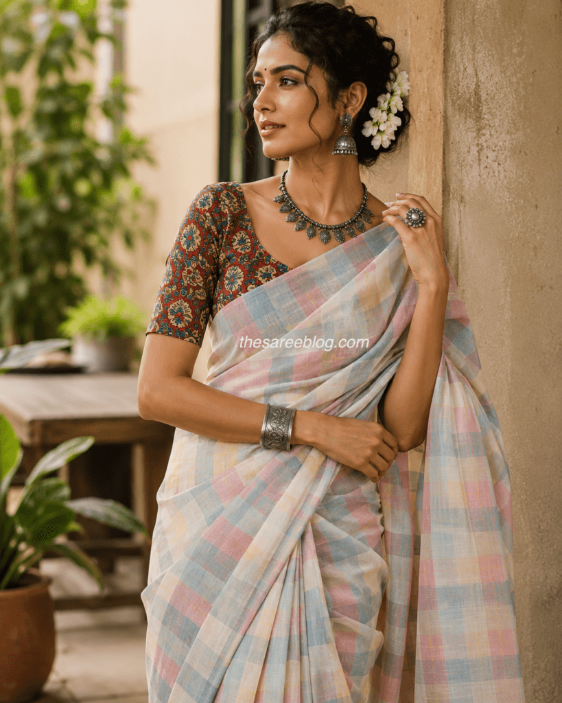 Woman wearing a pastel Madras Check cotton saree styled with a colourful Kalamkari blouse, handcrafted silver jewellery, and jasmine flowers for a modern traditional look.