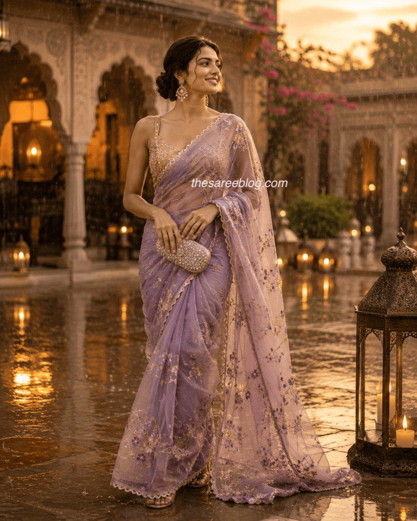Woman wearing a lavender embroidered organza saree with a gold blouse and crystal clutch, walking through a heritage palace courtyard during a light monsoon rain at golden hour.
