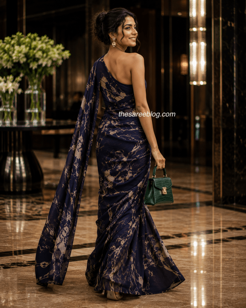 Model in a navy abstract printed crepe saree with a one-shoulder blouse and emerald green mini handbag, walking through a luxury hotel lobby.