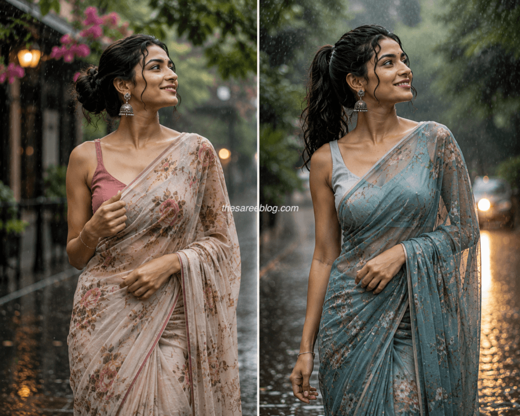 Collage comparing bun and ponytail hairstyles with floral sarees during the monsoon, featuring stylish rainy-day saree looks and practical hairstyles for humid weather.