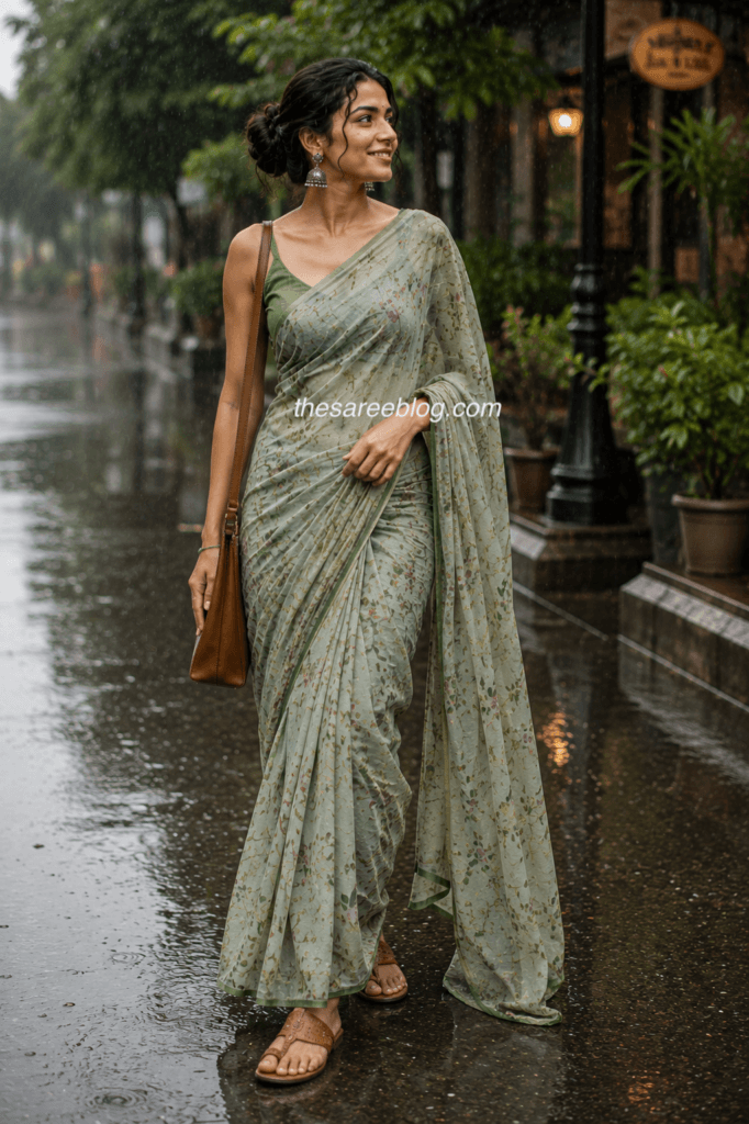 Model wearing a floral saree with classic brown Kolhapuri sandals on a rainy street, demonstrating comfortable monsoon saree styling and practical footwear for the rainy season.