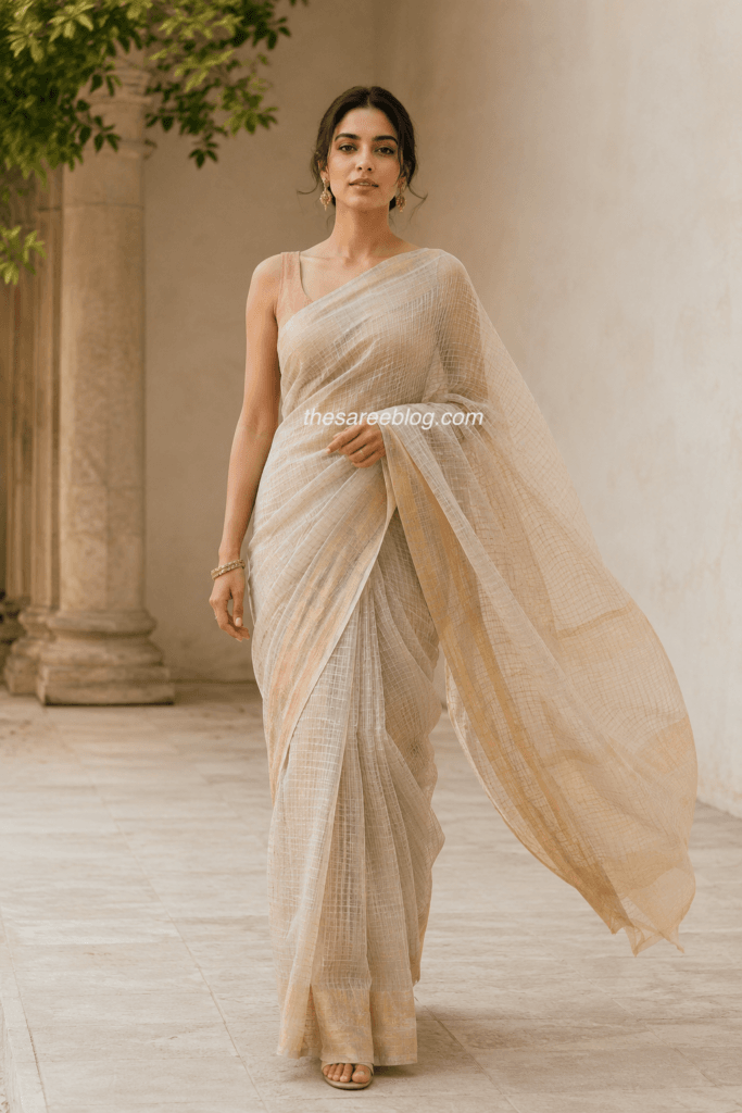 Elegant beige Kota Doria saree with a blush pink sleeveless blouse, styled for a timeless and sophisticated look.