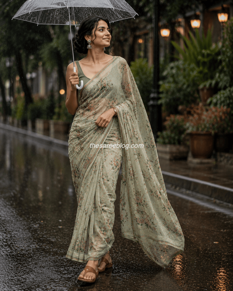 Woman wearing a lightweight sage green floral saree with Kolhapuri sandals, walking through a rain-soaked street while holding a transparent umbrella. The saree is draped slightly above the ankles for practical monsoon styling, keeping the hem away from puddles.