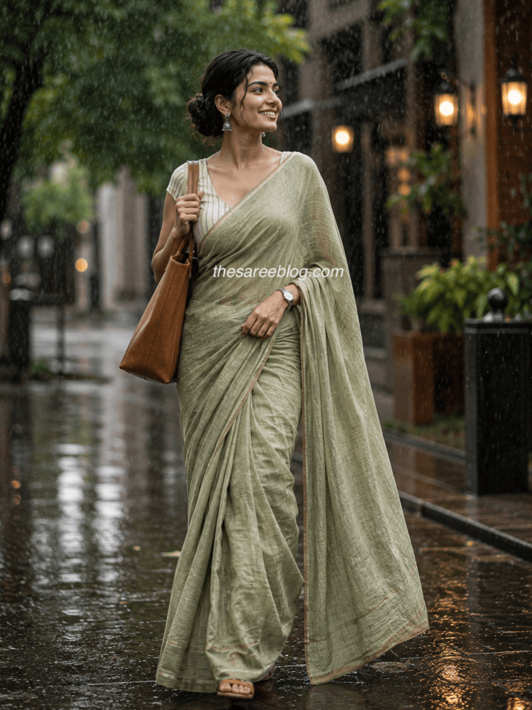 Woman wearing a sage green linen saree with a striped blouse and a brown shoulder tote, walking confidently along a rain-soaked street with a neat low bun, showcasing elegant monsoon office wear.