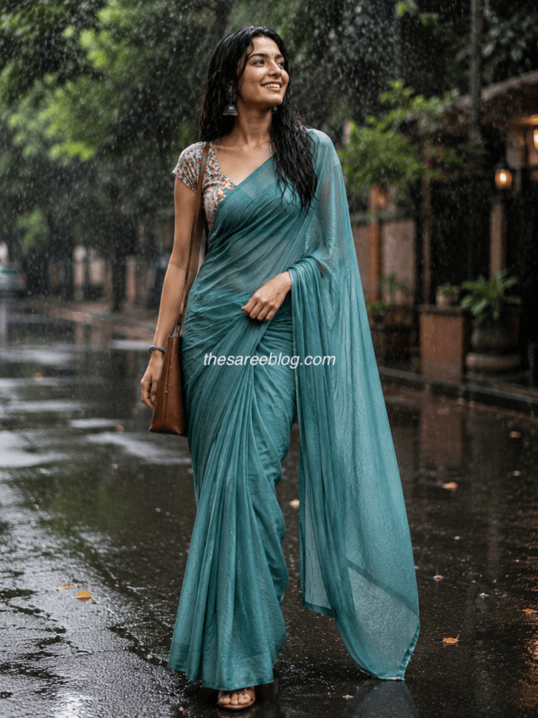 Woman wearing a teal lightweight saree with a floral blouse, walking confidently through a rain-soaked street with wet hair and a brown crossbody bag, creating an effortlessly elegant monsoon look.