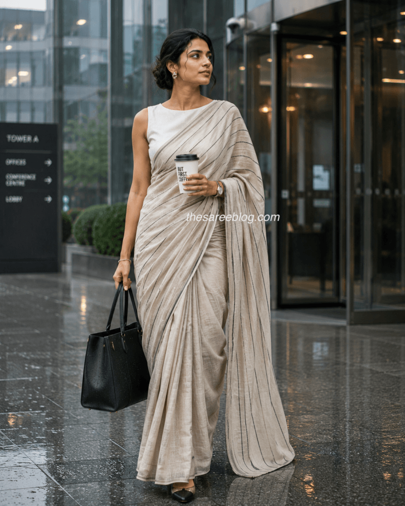 Professional woman wearing a beige striped linen saree with a white sleeveless blouse, carrying a black waterproof tote and takeaway coffee outside a modern office building on a rainy day.