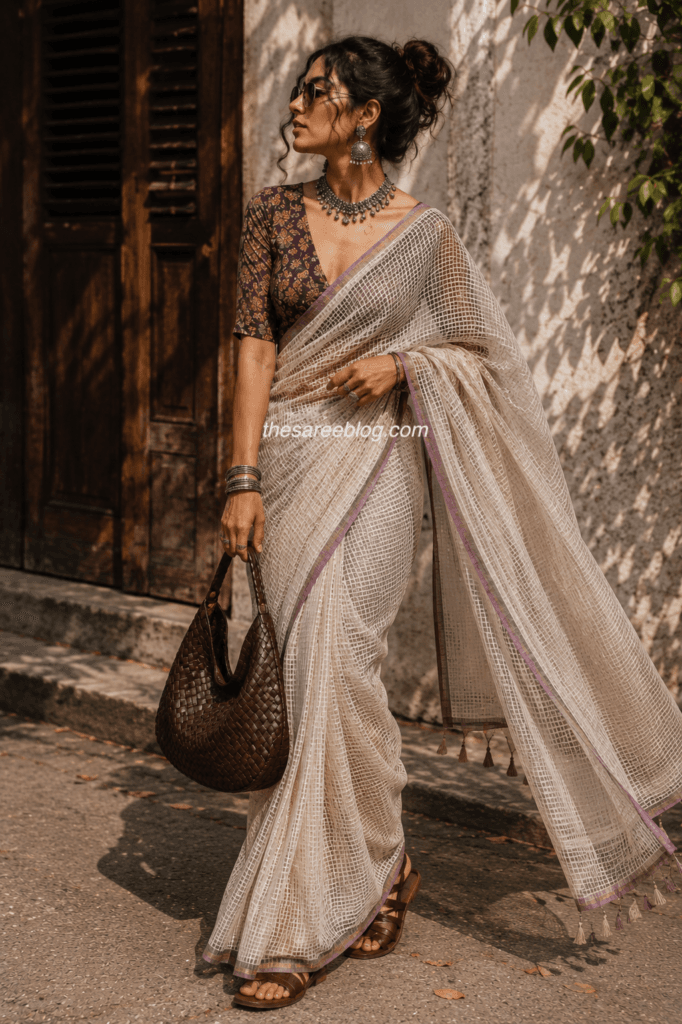 Kota Doria saree styled with a Kalamkari blouse and oxidised silver jewellery for a traditional look.