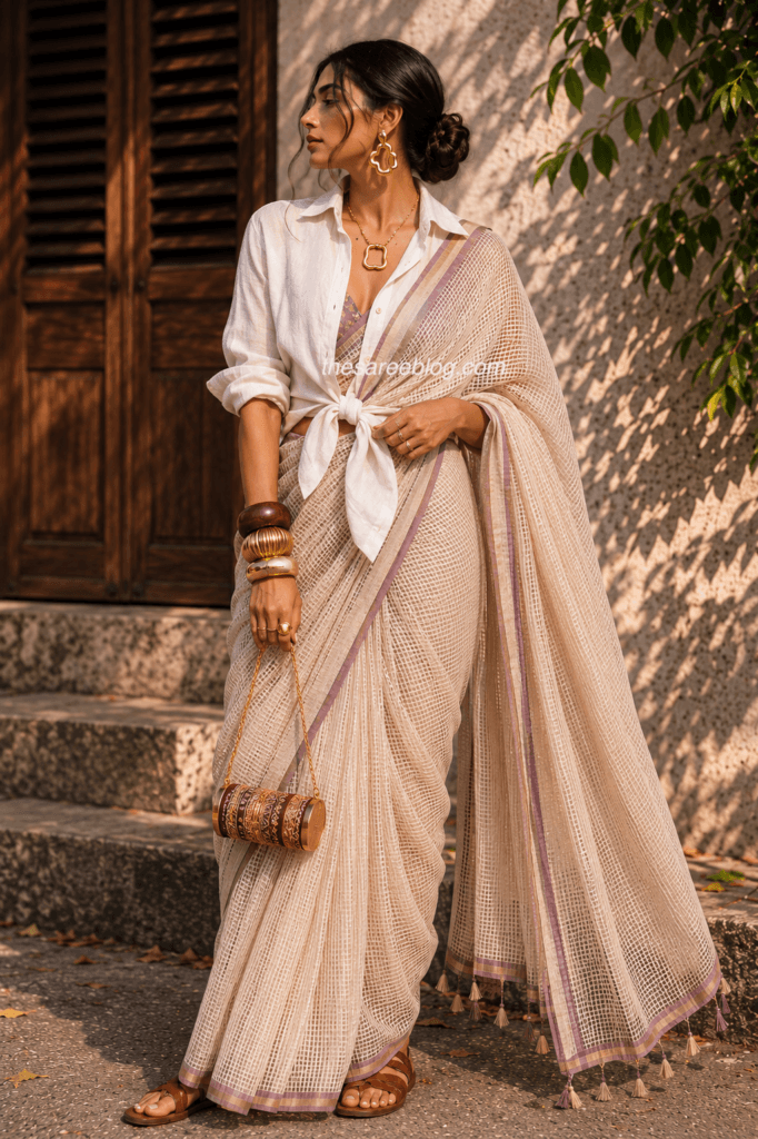 Kota Doria saree paired with a white shirt and minimal accessories for a chic resort-inspired style.