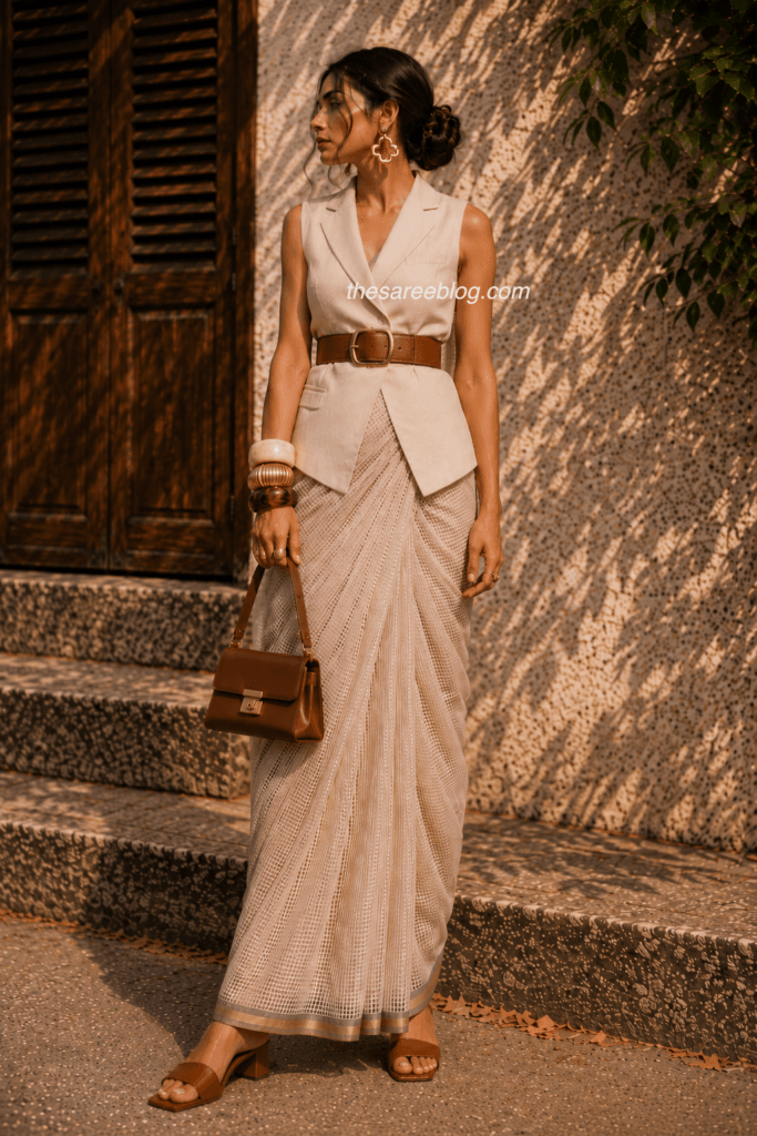 Contemporary Kota Doria saree styled with a tailored waistcoat, belt, and statement earrings.