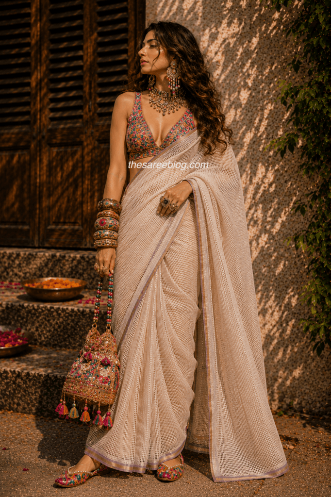 Kota Doria saree styled with an embroidered blouse and traditional jewellery for a wedding guest outfit.