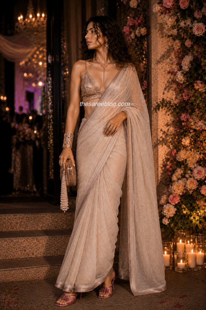 Kota Doria saree with a metallic blouse and elegant accessories for a sophisticated cocktail party look.