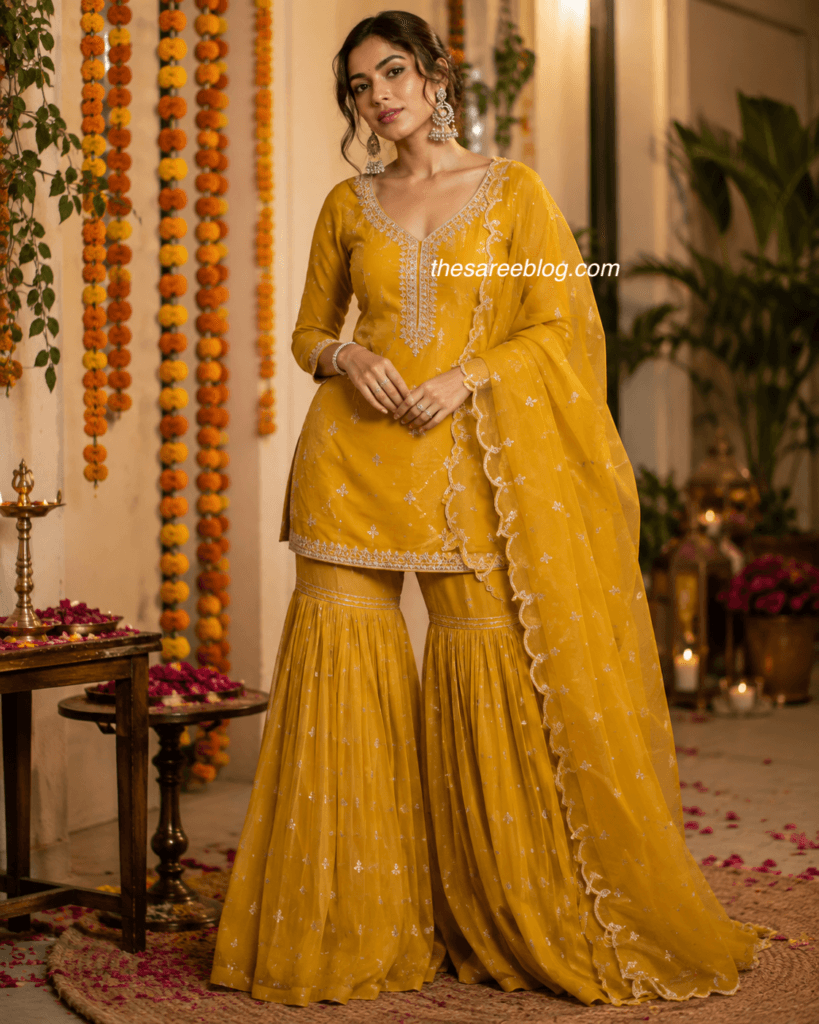 model in a mustard sharara set raksha bandhan outfit