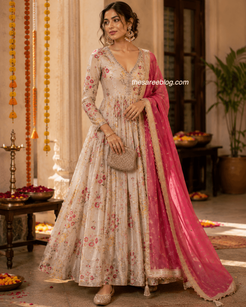 model in a stunning anarkali with dupatta raksha bandhan outfit
