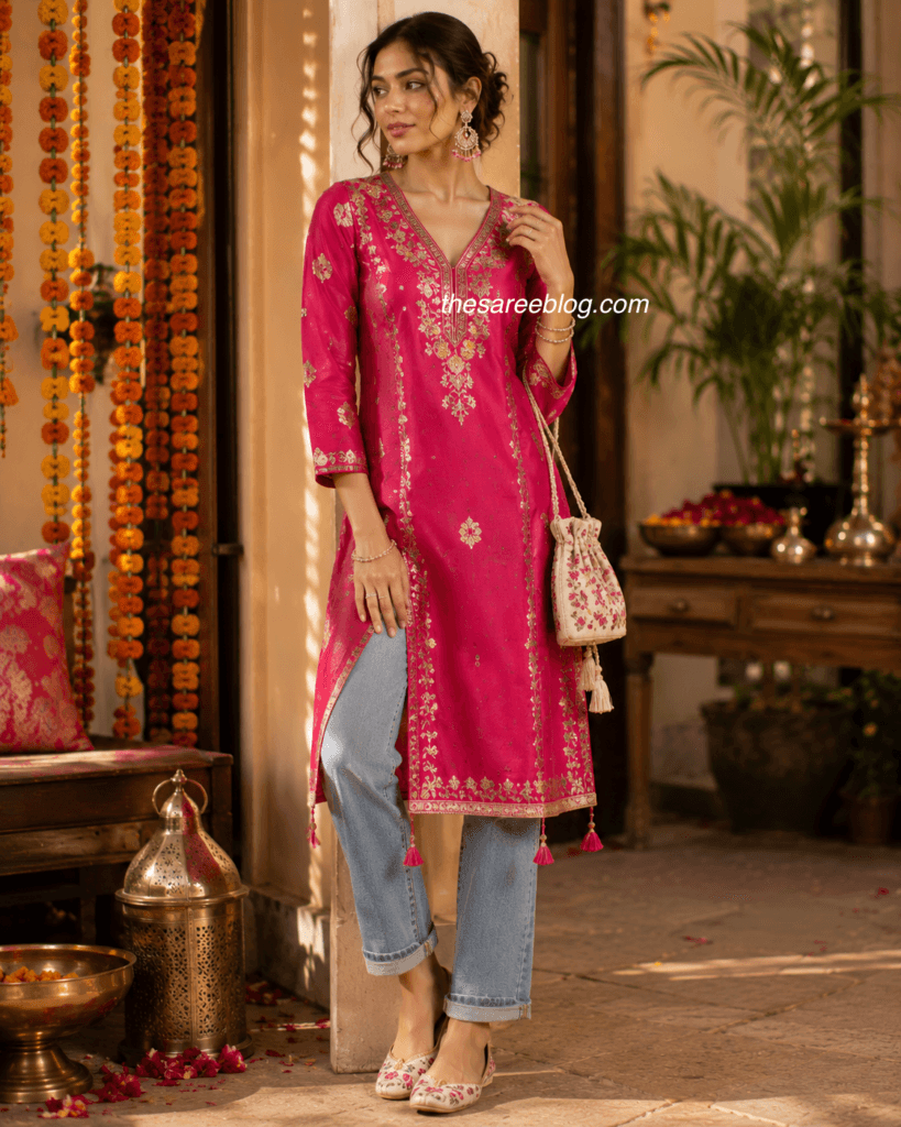 model in a kurta with jeans raksha bandhan outfit