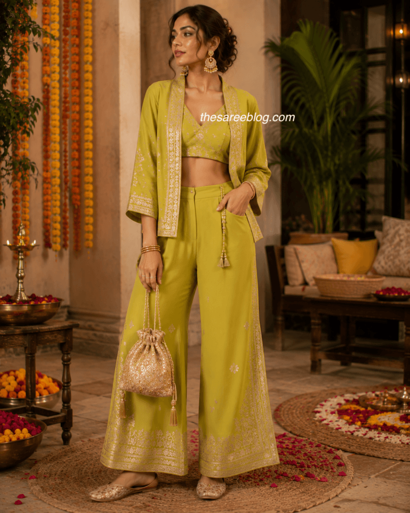 model in an olive green co-ord set raksha bandhan outfit