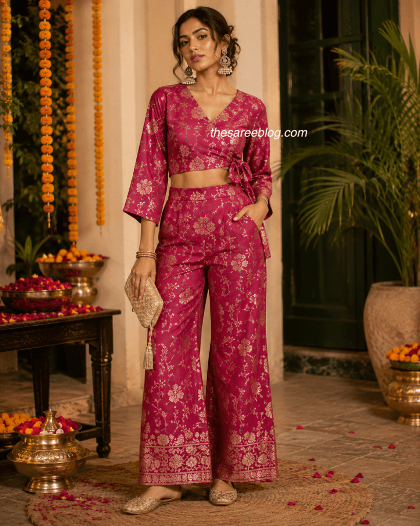 model in a rani pink co-ord set raksha bandhan outfit
