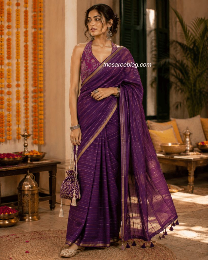 model in a purple handloom cotton saree raksha bandhan outfit