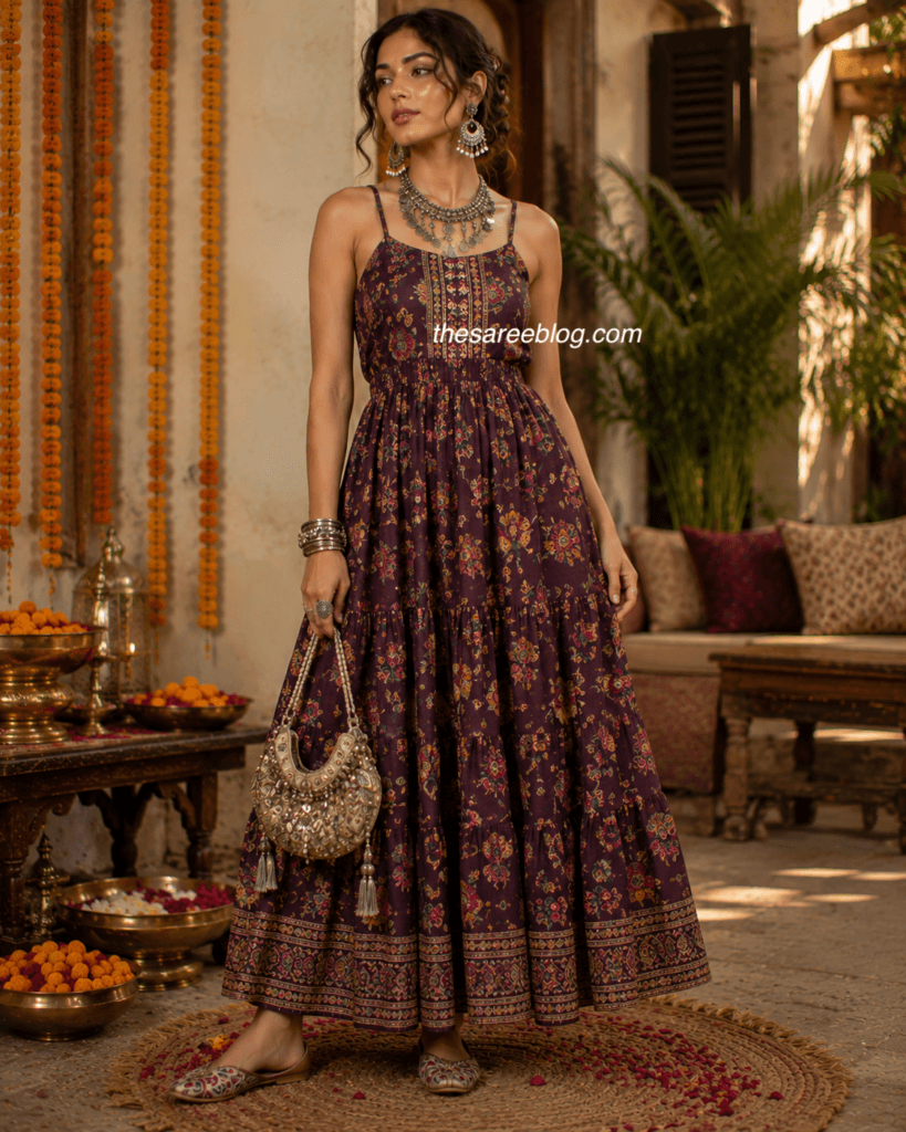 model in a printed brown ethnic dress raksha bandhan outfit