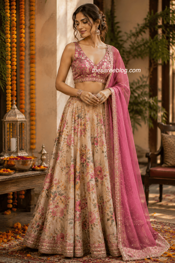 model in a stunning pink embroidered blouse and floral printed lehenga raksha bandhan outfit