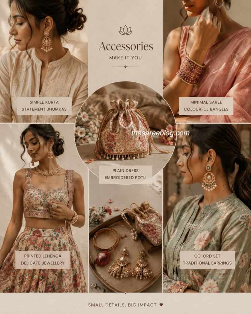 raksha nandhan outfit accessories including statement jhumkas, colourful bangles, embroidered potli bags and traditional jewellery styled with modern Indian festive looks.